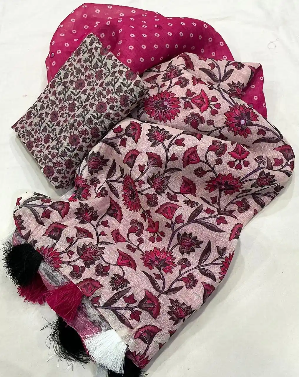 Floral Linen Printed Saree - Rani Pink